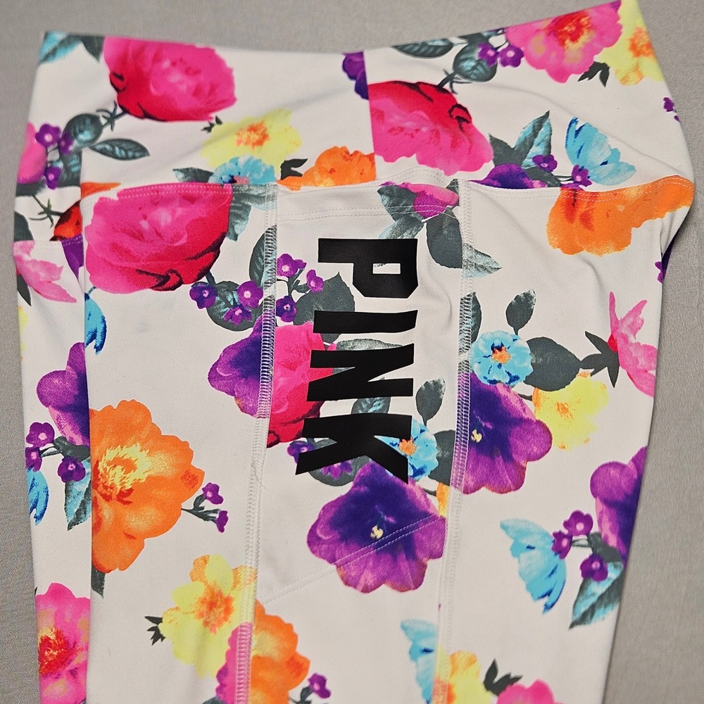 PINK Victoria's Secret Ultimate Leggings Womens Medium White Floral Pockets Logo